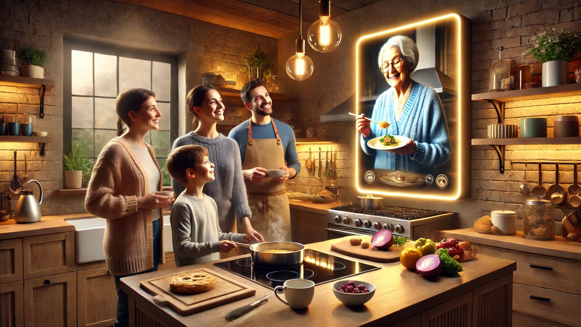 Bannière représentant une grand-mère partageant avec sa famille une recette depuis son tableau magique